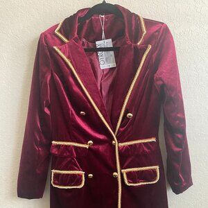 Casual Vintage Burgundy Velvet Gold Trim Double Breasted Suit Mini Dress